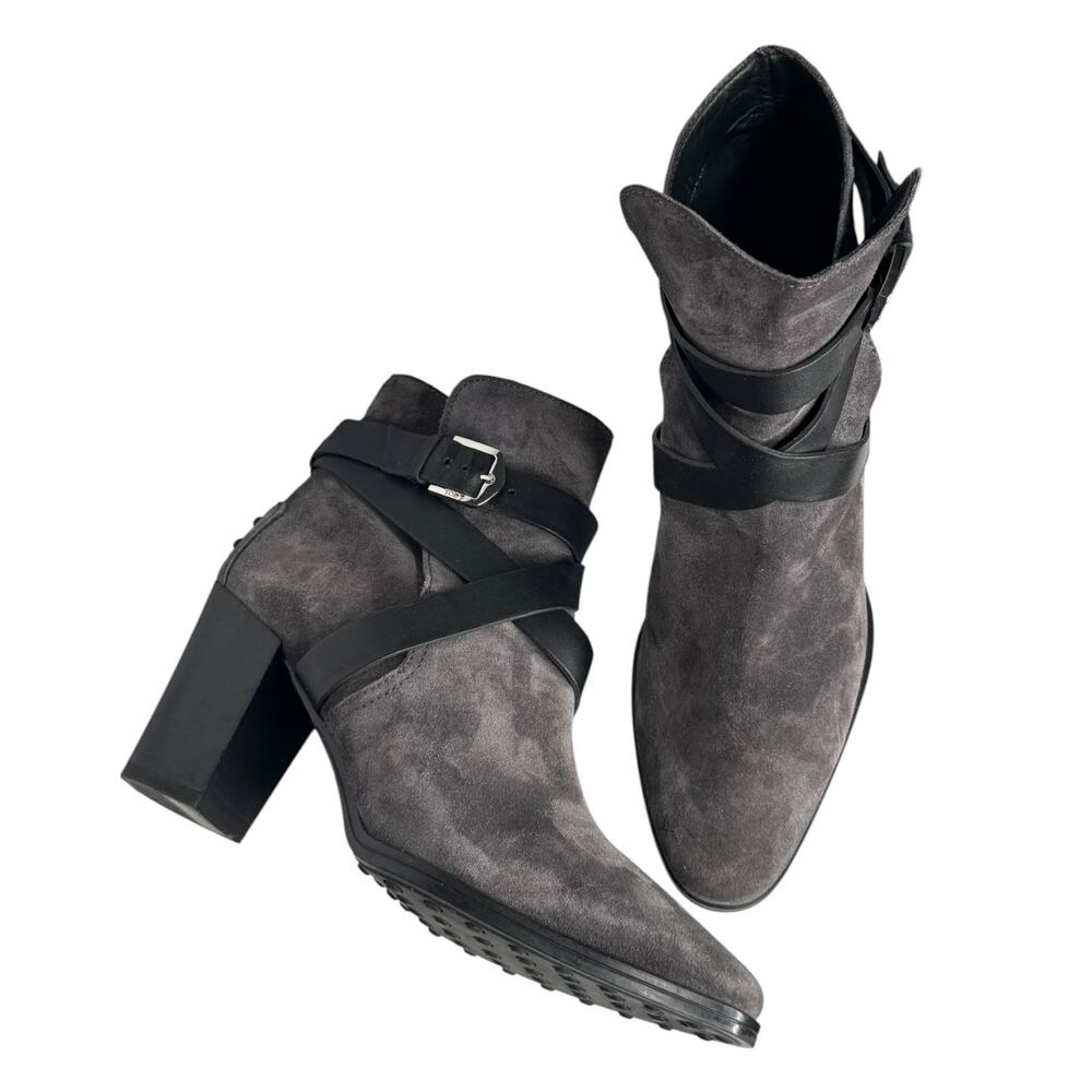 2010s Tod's Gray Suede Harness Ankle Boots Block Heel Size 38 US 7.5 Italy